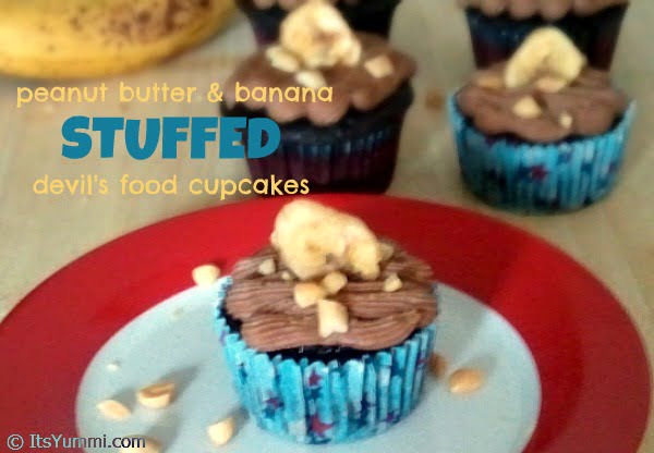Peanut Butter Banana Stuffed Devils Food Cupcake by ItsYummi.com