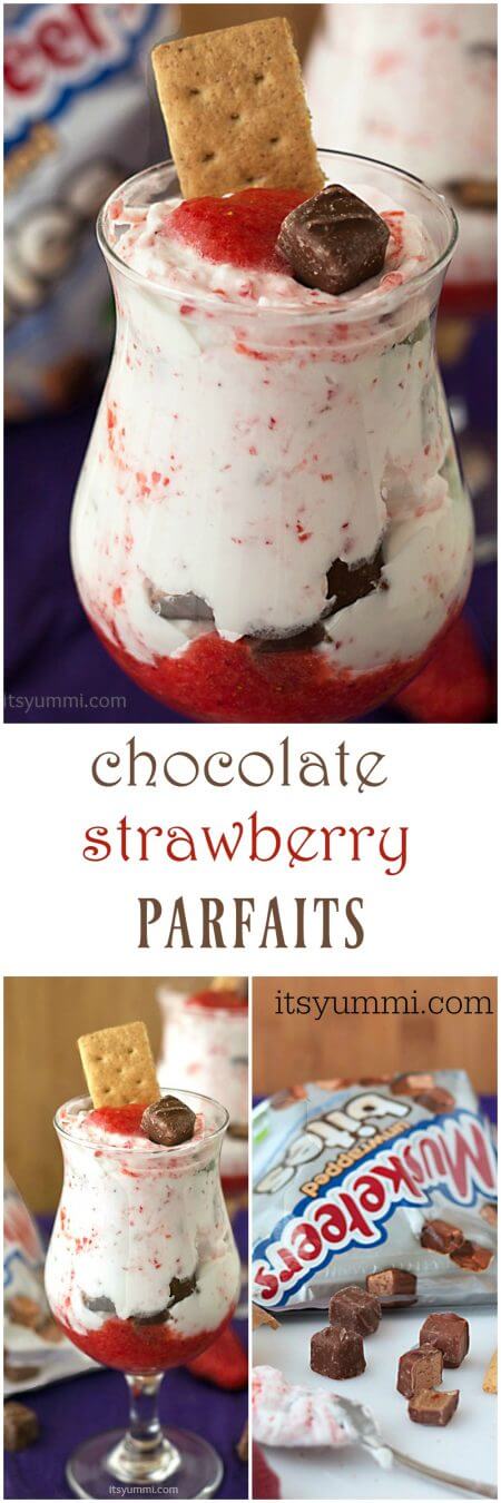 Chocolate Strawberry Candy Bar Parfaits - A fun and easy to make dessert recipe from @itsyummi with layers of strawberry fool, fluffy homemade whipped cream, and bite sized candy bars - Get the recipe on itsyummi.com