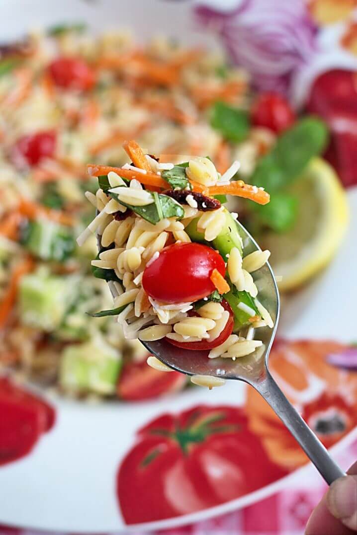 Orzo Summer Vegetable Pasta Salad - The perfect side dish recipe for an outdoor party, picnic, potluck, or every day vegetarian side dish.