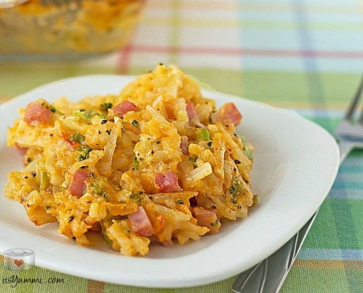My favorite comfort food recipe! Broccoli Cheddar Hashbrown Casserole with Ham