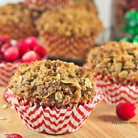 Get the recipe for cranberry streusel muffins. Tender, cinnamon spiced treats, stuffed with dried cranberries and topped with a sweet, crumbly, oat topping.