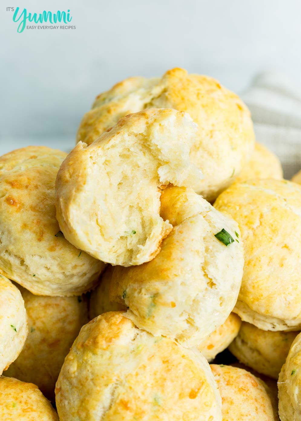 Close-up of torn in half cheddar bay biscuit