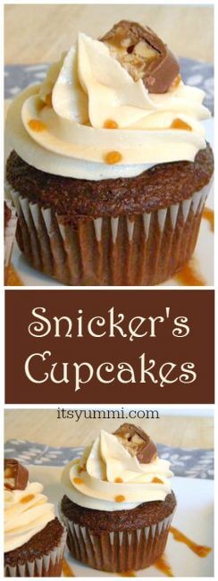 Deep chocolate cupcakes are stuffed with caramel and Snicker's candy bars, making this Snicker's cupcake recipe one of the most indulgent cupcake recipes you'll ever eat! | itsyummi.com