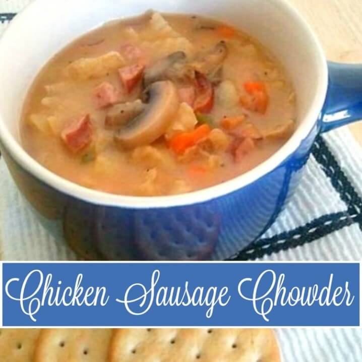 Chicken Sausage Chowder Recipe - The perfect Fall comfort food and a great way to use leftovers from the fridge. Lean chicken sausage, tender potatoes, and fresh vegetables make this a hearty dinner, too. Get the recipe at It'sYummi.com