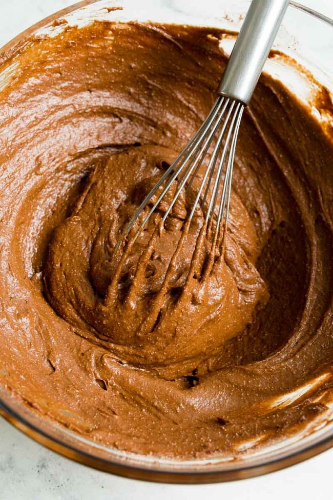 Batter whisked together for Chocolate Pumpkin Cupcakes with Boxed Cake Mix