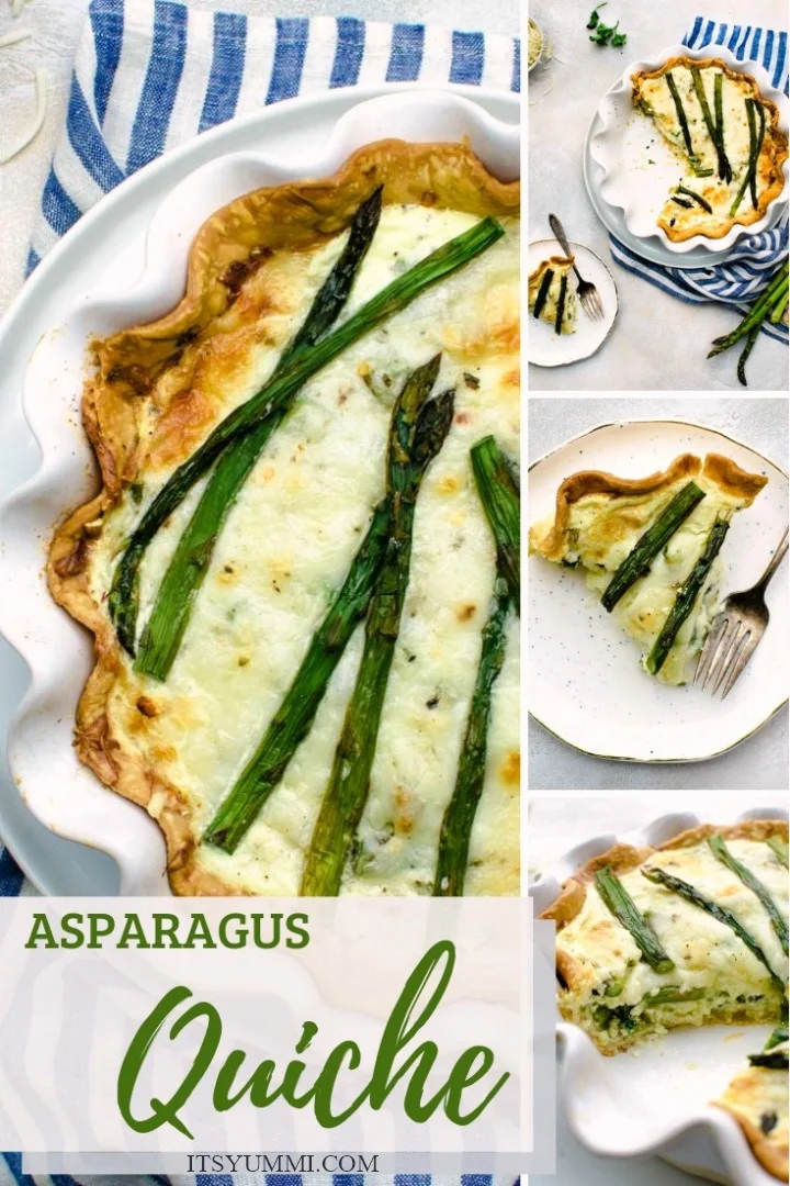 Asparagus quiche is a vegetarian quiche recipe perfect for a spring holiday brunch or weeknight dinner. Savory egg custard pie with asparagus and cheese. #asparagus #quiche #brunchrecipes #Easter photo collage of vegetarian quiche recipe