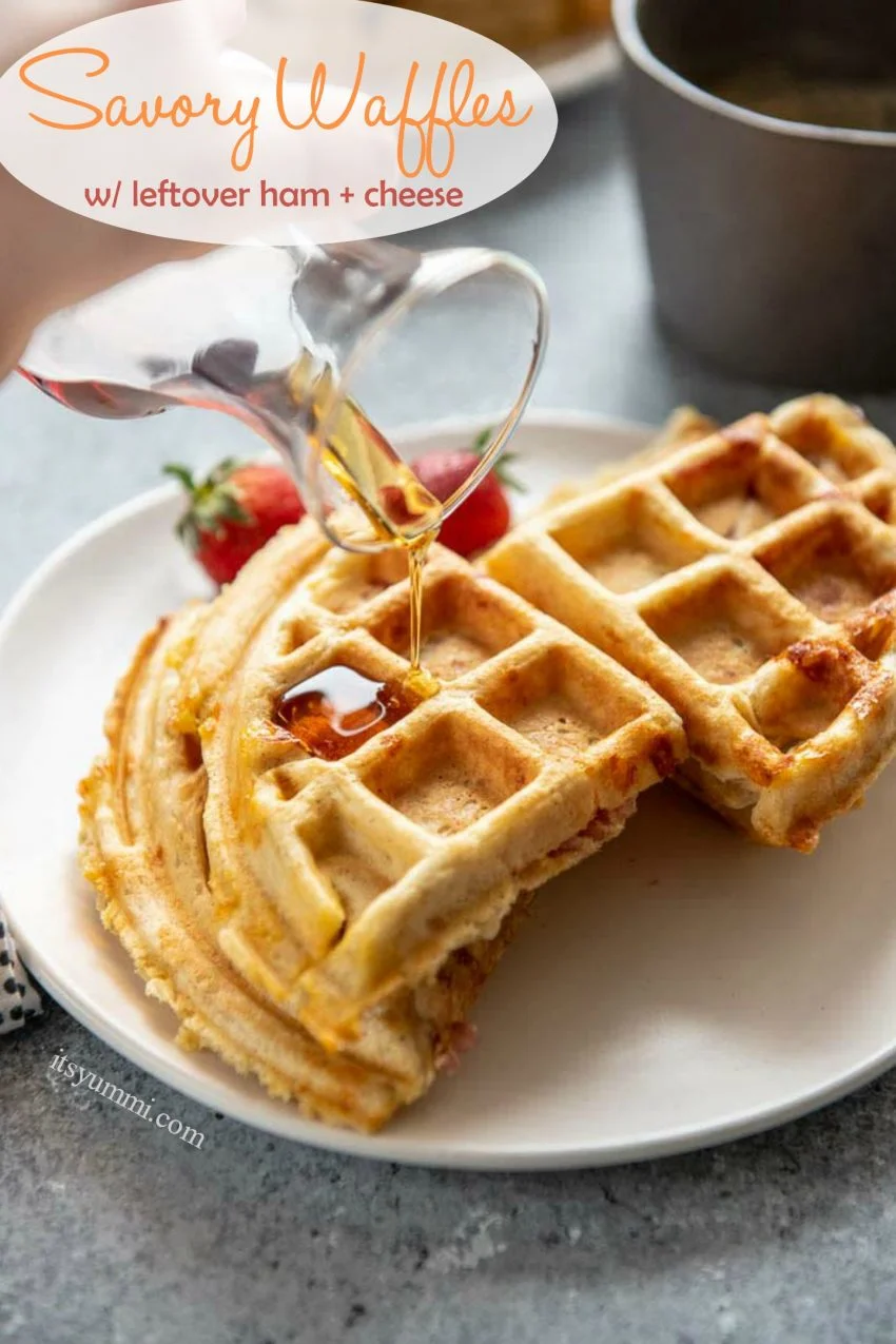 These savory waffles are a big hit for weekend brunch or weeknight dinner. They freeze well, so be sure to make a double batch! This stuffed waffles recipe uses leftover Easter ham and cheddar cheese. #waffles #leftoverham #brunch #recipes titled image (and shown): savory waffles with leftover ham and cheddar cheese