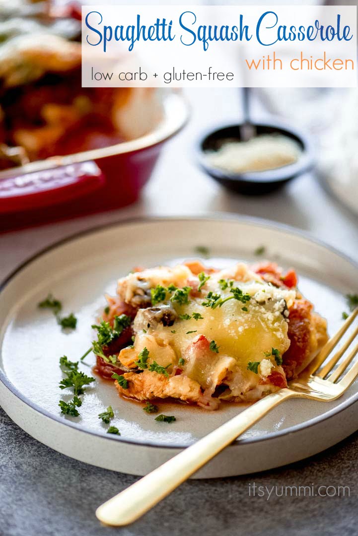 This low carb chicken casserole is a budget-friendly, healthy chicken dinner recipe. Everyone in the family will love this chicken dinner. It's a great meal prep idea for make-ahead freezer meals. #lowcarbchickencasserole #spaghettisquash #recipes plate of gluten-free chicken casserole with spaghetti squash