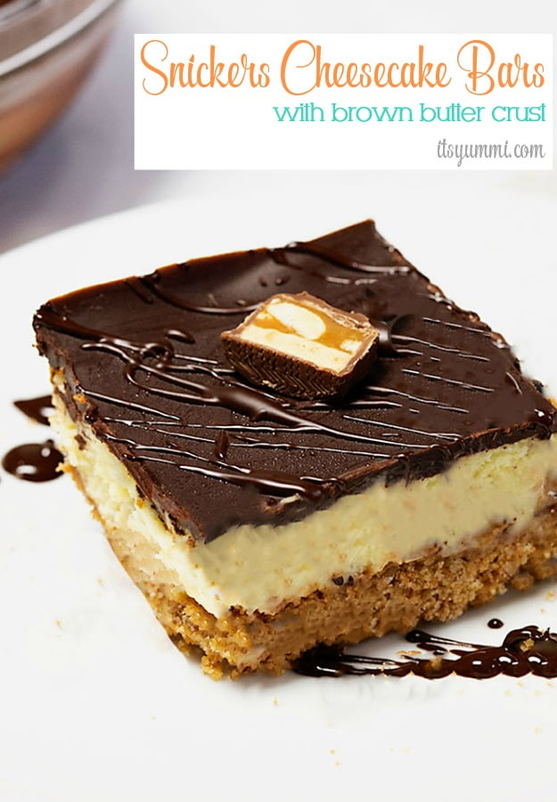 Snickers cheesecake bars with brown butter crust