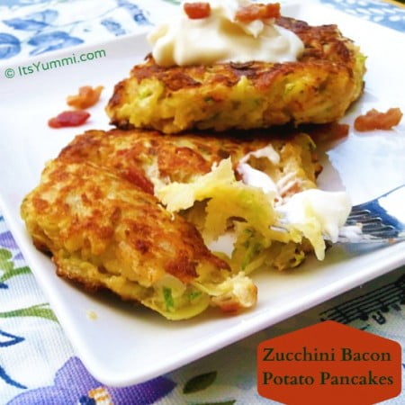 Zucchini Bacon Potato Pancakes - a great side dish for breakfast, brunch, or dinner, and a great way to get your kids to eat vegetables, too.