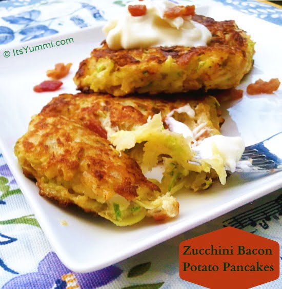 Zucchini Bacon Potato Pancakes - a great side dish for breakfast, brunch, or dinner, and a great way to get your kids to eat vegetables, too.
