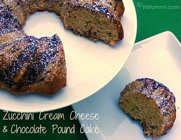Zucchini Chocolate Cream Cheese Pound Cake Recipe - This is one of the best pound cakes I've ever eaten. The zucchini and cream cheese in the recipe make it SO moist! Recipe from ItsYummi.com