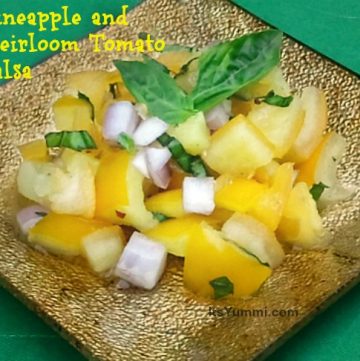 fruit salsa made with heirloom tomatoes and pineapple