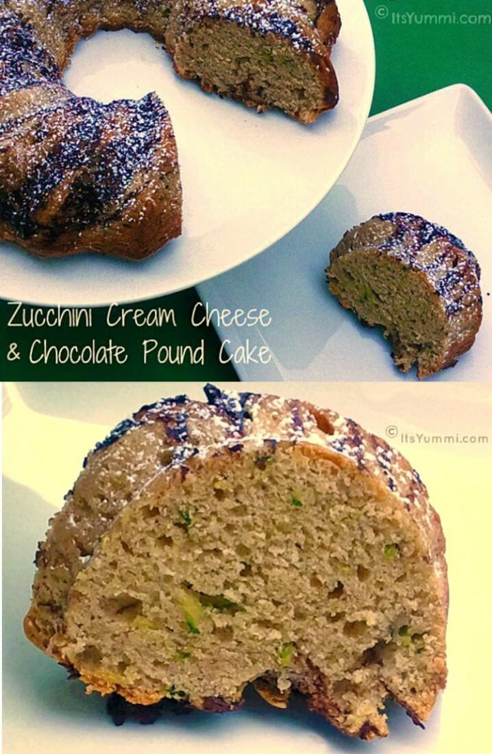 Zucchini Chocolate Cream Cheese Pound Cake Recipe - This is one of the best pound cake recipes I've ever had. The zucchini and cream cheese in the recipe make it SO moist! 