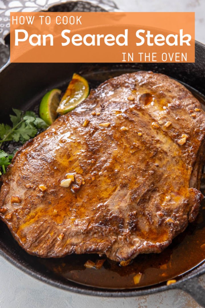 steak cooked in oven in a skillet