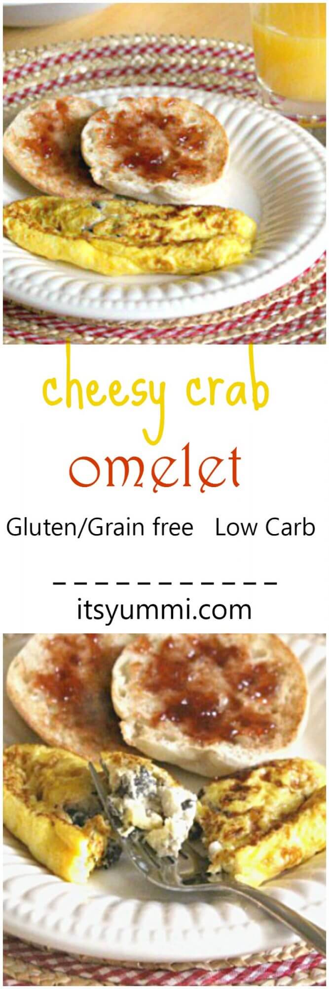 Cheesy Crab Omelet Recipe - Perfect for breakfast or brunch, this easy-to-make omelet is loaded with veggies, 2 types of cheese, and flaky crab meat. SO good! - Recipe on itsyummi.com Cheesy Crab Omelet Recipe photo collage