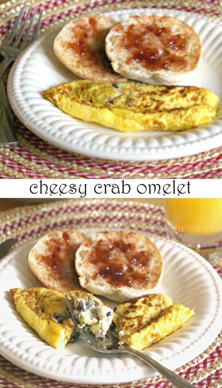 Cheesy Crab Omelet Recipe - Perfect for breakfast or brunch, this easy-to-make omelet is loaded with veggies, 2 types of cheese, and flaky crab meat. SO good! - Recipe on itsyummi.com