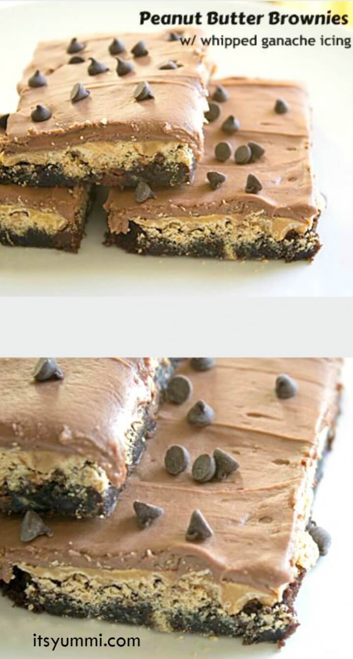 Peanut Butter Brownies with Whipped Ganache Frosting - This easy brownie recipe makes a dessert that is LOADED with peanut butter and chocolate! Get the recipe from ItsYummi.com