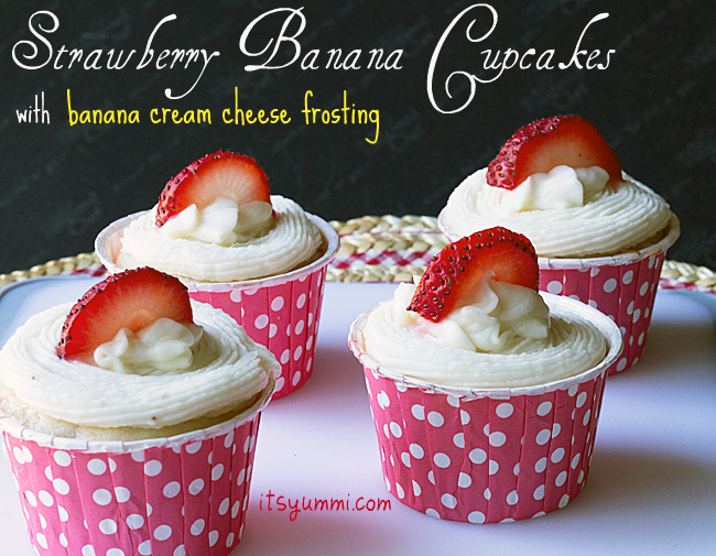 Strawberry Banana Cupcakes from ItsYummi.com #Recipe #Cupcakes #KidFriendly #BlogSwapRecipe