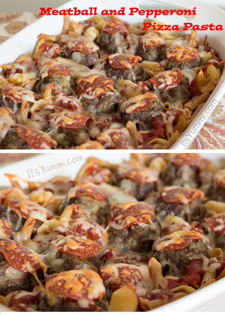 Kids love this meatball pepperoni pizza pasta! Recipe on ItsYummi.com