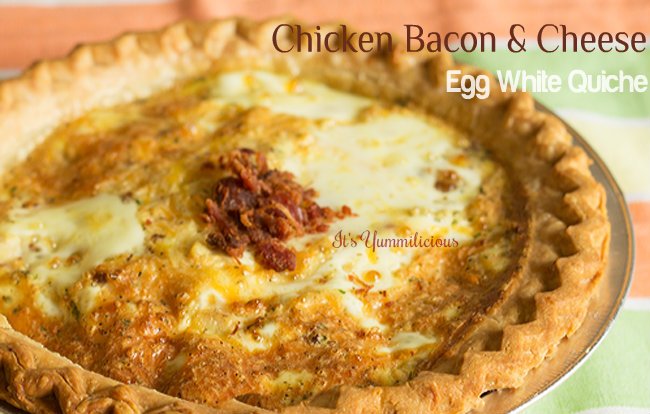 Cheesy Chicken Bacon Egg White Quiche - Made with egg whites and no yolks, this quiche is packed with protein and lots of delicious bacon and cheddar cheese! Recipe on itsyummi.com