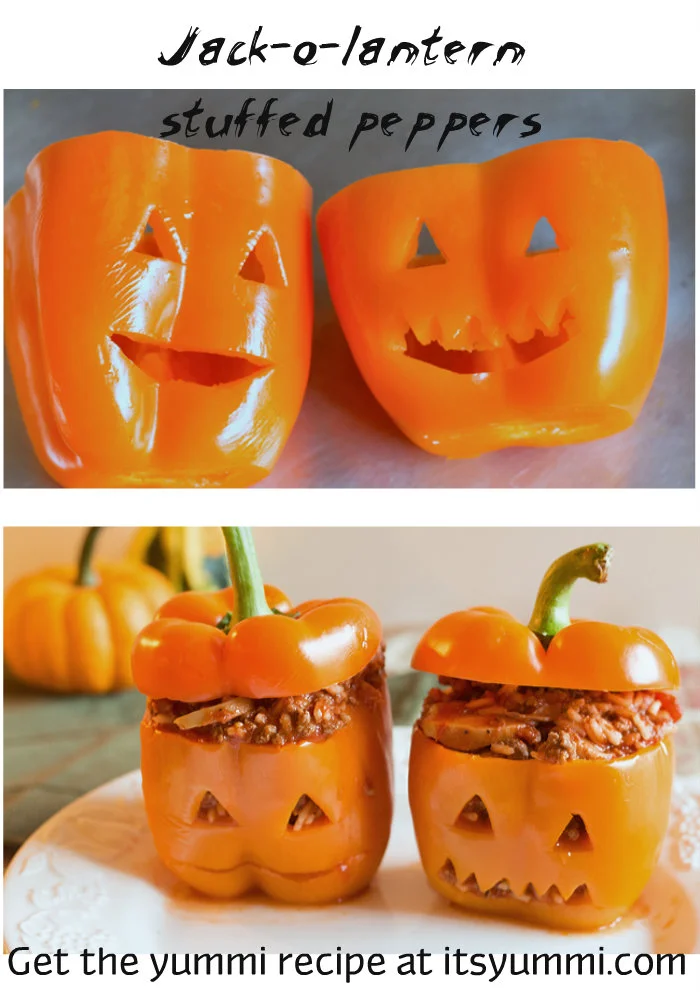 Halloween Stuffed Peppers - one of our favorite Halloween main dishes! Filled with Italian flavors and a roasted red pepper sauce, this recipe makes a delicious and fun family dinner for #Halloween - #recipe #holidays #stuffedpeppers Jack-o-Lantern Stuffed Bell Peppers