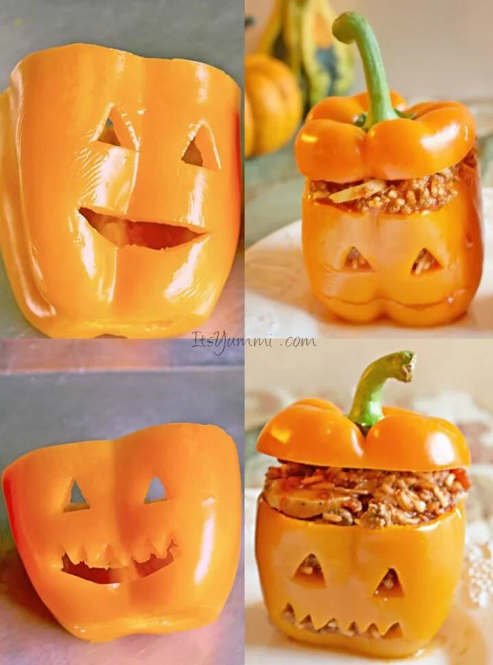 Jack-o-Lantern Stuffed Bell Peppers - Filled with Italian flavors and a roasted red pepper sauce, this recipe makes a delicious and fun Halloween dinner.