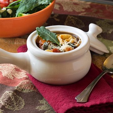 This hearty, broth-based chicken tortellini soup is filled with pieces of grilled chicken, cheese tortellini, crisp vegetables, and 100% organic baby kale. It's comfort food in a bowl!