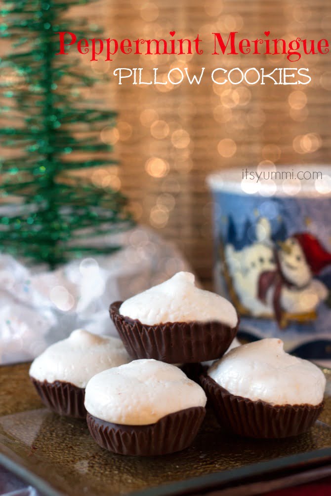 Peppermint meringue cookies sitting on top of bittersweet chocolate