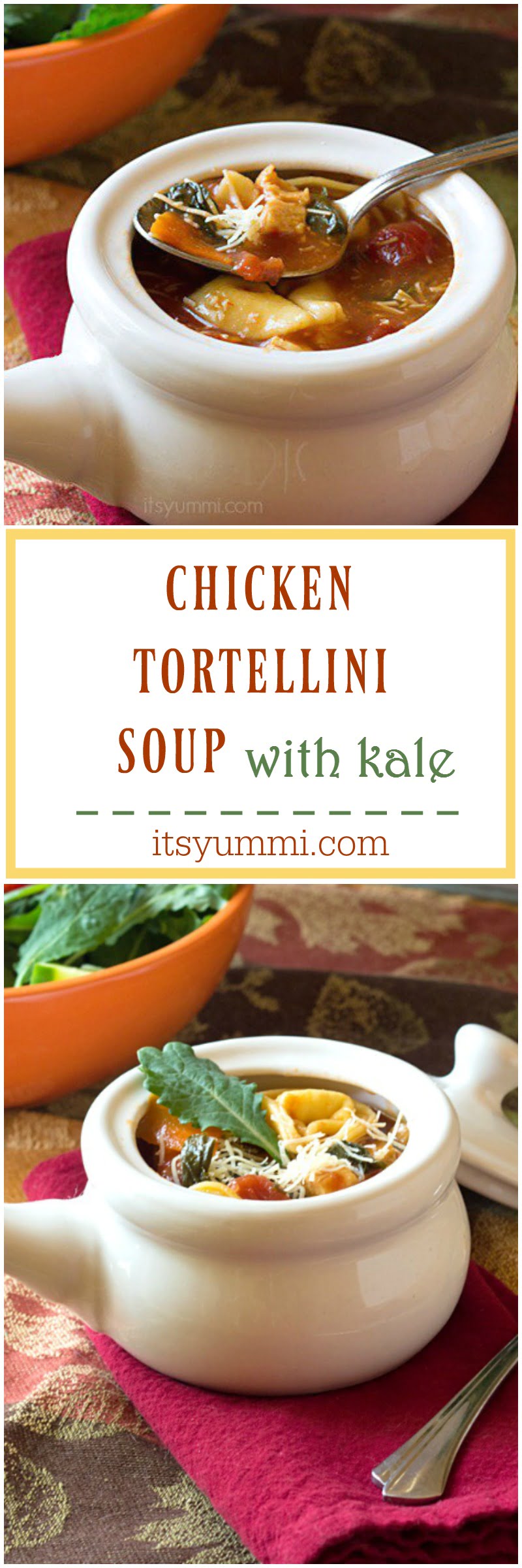 This hearty, broth-based chicken tortellini soup is filled with pieces of grilled chicken, cheese tortellini, crisp vegetables, and 100% organic baby kale. It's comfort food in a bowl! Recipe on itsyummi.com