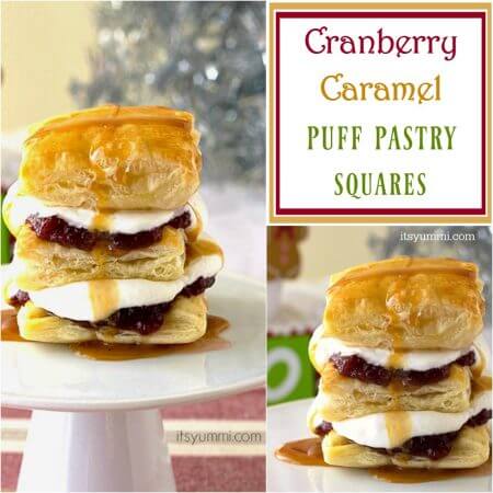 Cranberry Caramel Puff Pastry Dessert Squares - This is my new easy Thanksgiving dessert recipe. It uses frozen puff pastry sheets, organic cranberry sauce, whipped cream, and caramel sauce, so it's super easy to make! Recipe on itsyummi.com