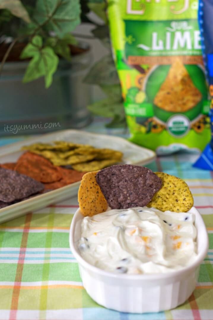 Caribbean Greek Yogurt Dip Recipe - Made with healthy Greek yogurt, black beans, and mango, this is a great snacking dip or game day party food! Gluten free, too.