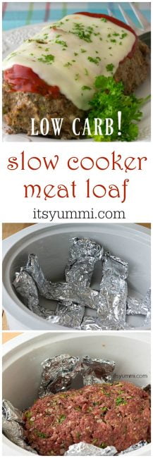 This low carb meatloaf recipe is made w/ lean ground beef and a healthy hack substitute for bread crumbs. Our best healthy slow cooker recipe for meatloaf! #crockpot #lowcarb #healthyhacks #slowcooker Low Carb Slow Cooker Meatloaf Recipe photo collage