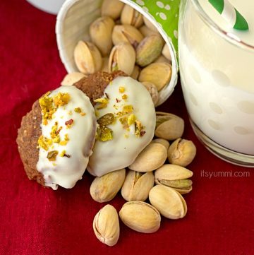 double chocolate pistachio cookies dipped in white chocolate