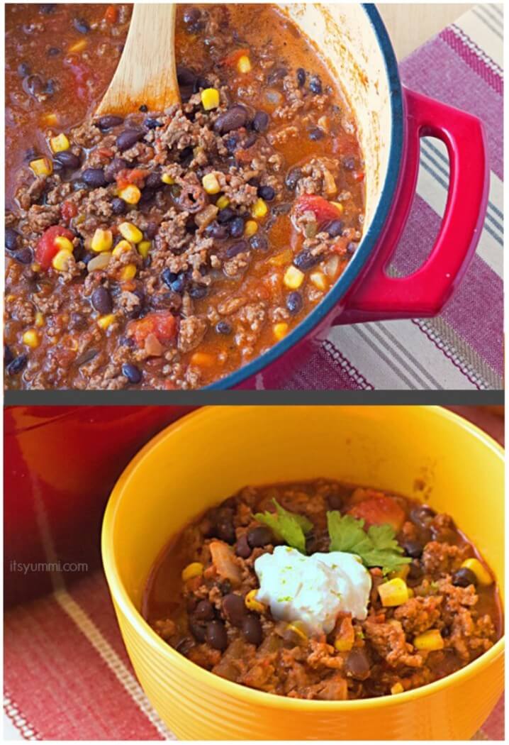 stock pot and bowl filled with iron-rich bison chili with black beans and bulgur