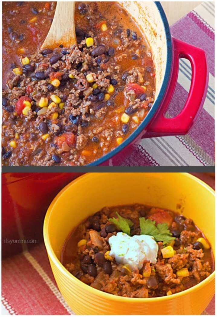 Bison chili has incredible flavor! This healthy chili recipe is made with lean ground bison and black beans, it's a great source of iron, fiber and protein. #chili #recipe #healthyrecipe stock pot and bowl filled with iron-rich bison chili with black beans and bulgur