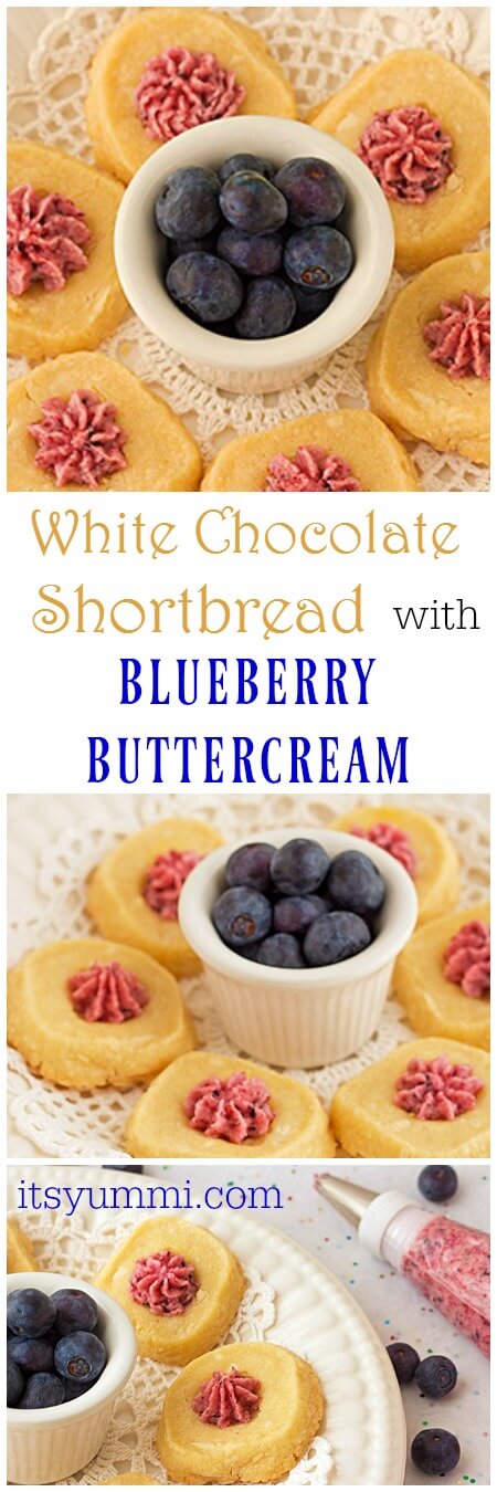 I'm loving this cookie recipe! White Chocolate Shortbread Cookies with Blueberry Buttercream Icing - easy cookie recipe from ItsYummi.com