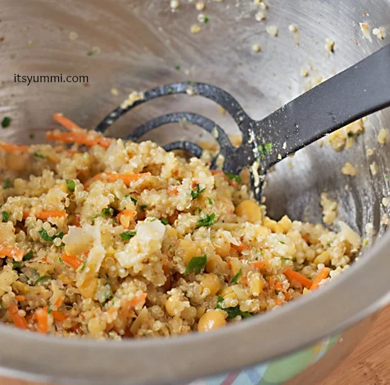 mixing ingredients to make Quinoa Chickpea Patties
