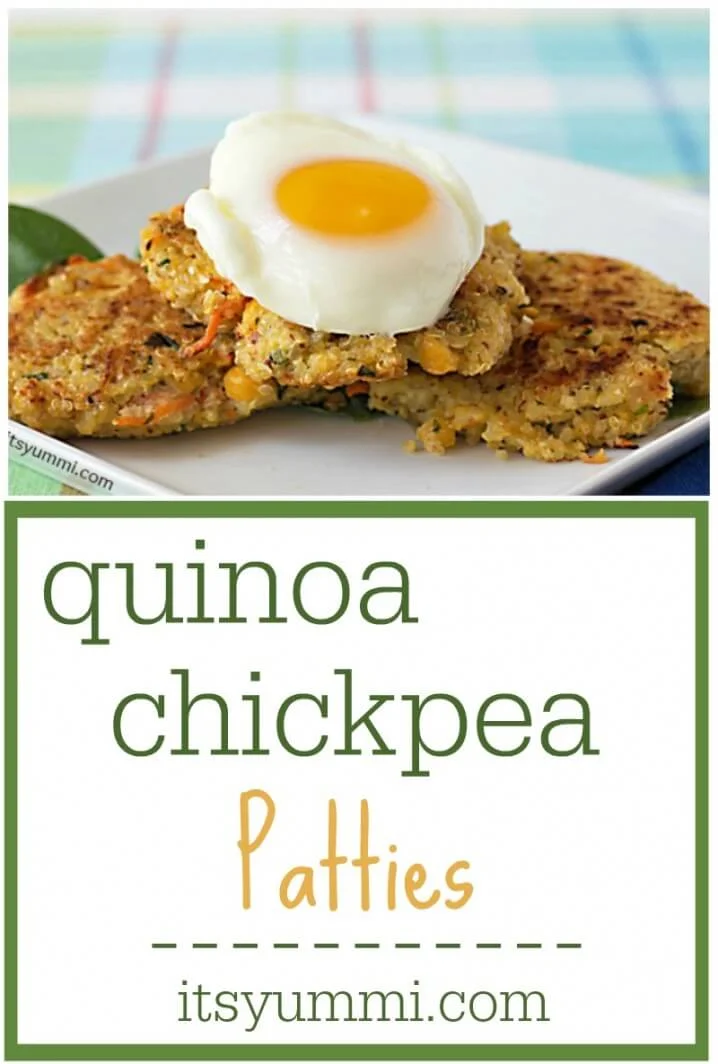 Healthy Recipe ~ Quinoa Chickpea Patties - Full of protein, fiber, and flavor! They're perfect for Meatless Monday. 3 Weight Watchers points per patty! Vegetarian, gluten free, and dairy free. #sidedish #vegetarian #weightwatchers Quinoa Chickpea Patties topped with a poached egg - titled image