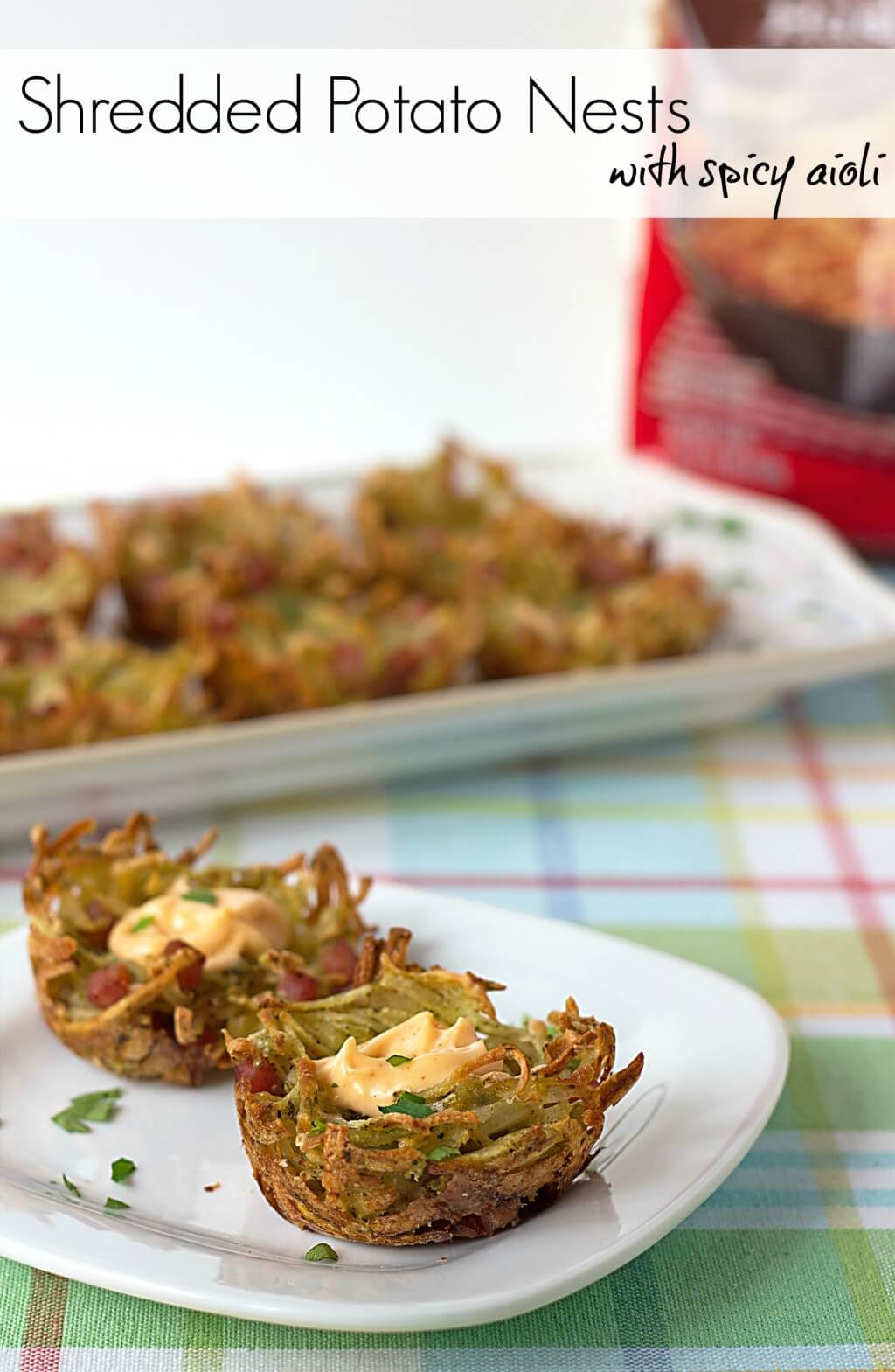 Easy Cheesy Hash Brown Potato Nests #appetizers #brunch #recipe titled image (and shown): Shredded Potato Nests with Spicy Aioli