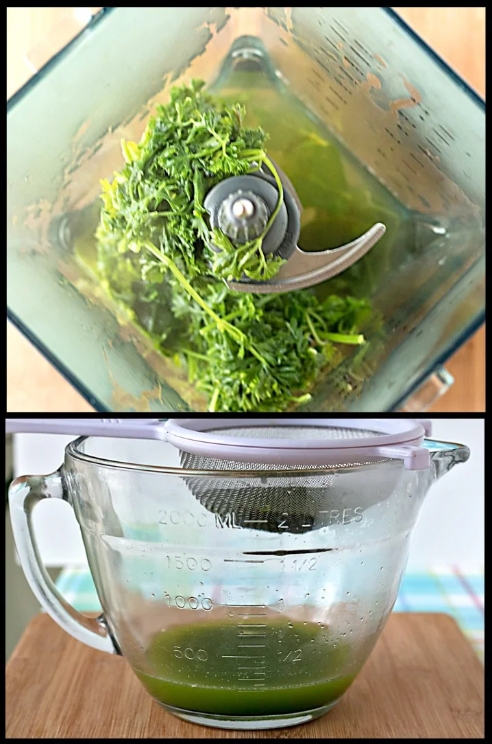 blending fresh parsley into water to create natural green food coloring