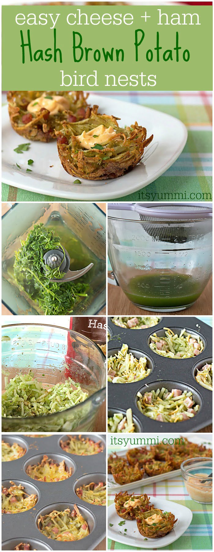 Easy Cheese and Ham Hash Brown Potato Nests titled photo collage: Easy Cheese and Ham Hash Brown Potato Nests