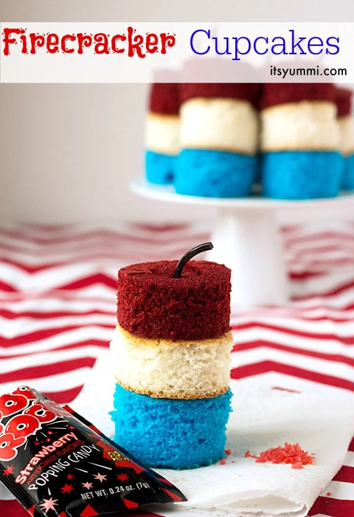 Patriotic recipes like these Firecracker Cupcakes from @itsyummi are SO cute! They're loaded with Pop Rocks candy for an explosion of fun!
