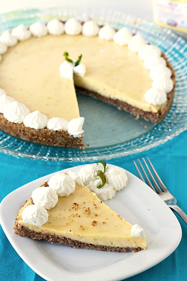 Recipe for Key Lime Cheesecake with a Hazelnut Crust - This easy dessert is tangy, sweet, and crunchy all in one bite. It's SO good!