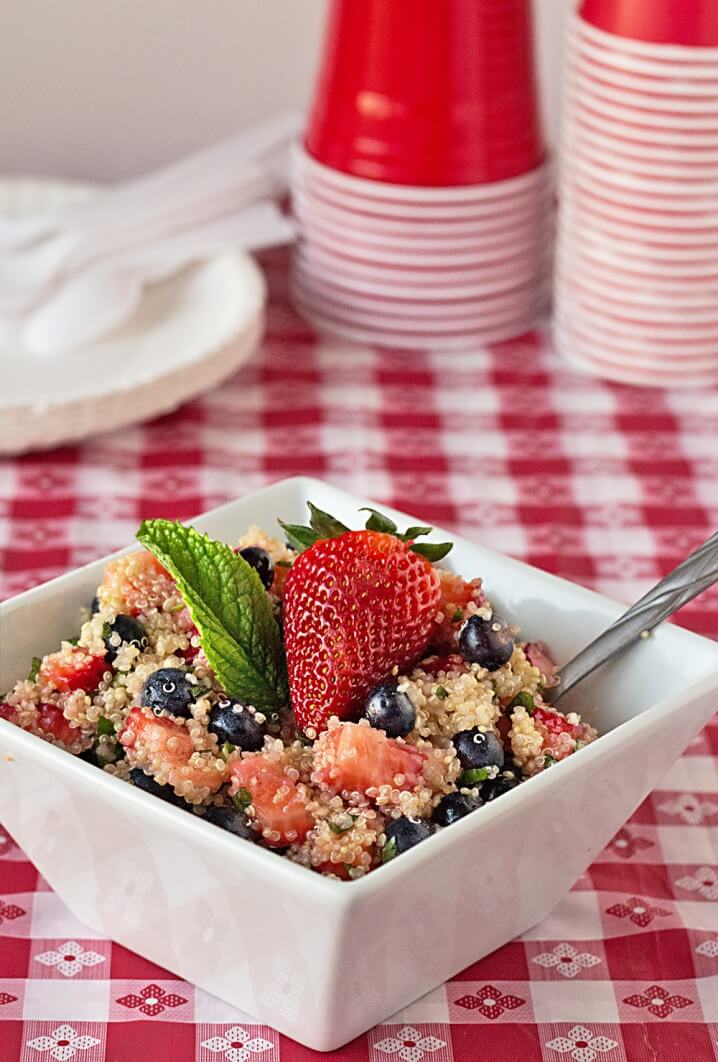 Patriotic Quinoa Fruit Salad Recipe - This healthy side dish is always a hit at 4th of July parties and on Memorial Day.