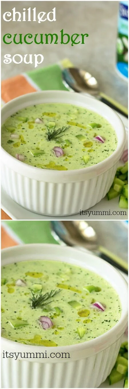 This chilled cucumber soup recipe will be the refreshing star at your summer picnic! #lowcarb #weightwatchers #smartpoints #vegetarian #coldsoup #summerrecipes #lowcarb titled photo collage (and shown) Chilled Cucumber Soup