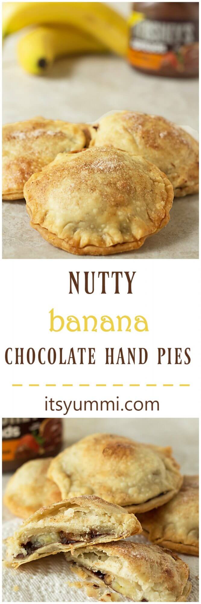 Nutty Banana Chocolate Hand Pies - A sweet treat! Flaky pastry is full of chocolate hazelnut spread, bananas, and chopped nuts. Get the recipe from @itsyummi