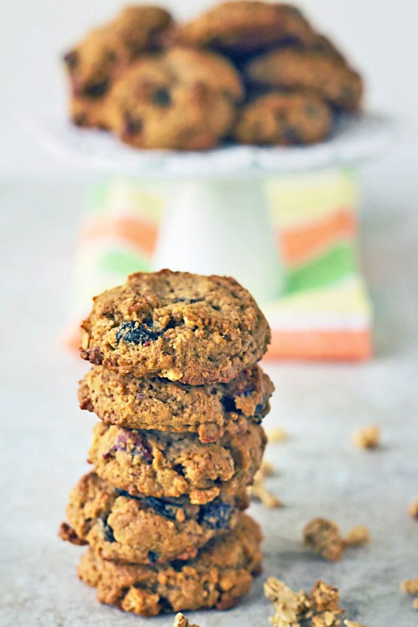stack of gluten free granola breakfast cookies made with blueberry-apple granola