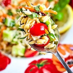 close up shot of orzo salad with garden vegetables on a spoon