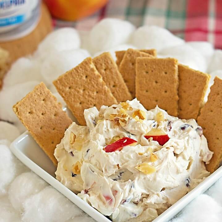 Cream cheese is mixed with apples, cranberries, walnuts, honey, and cinnamon for a low carb cream cheese dip recipe that makes a perfect holiday appetizer!